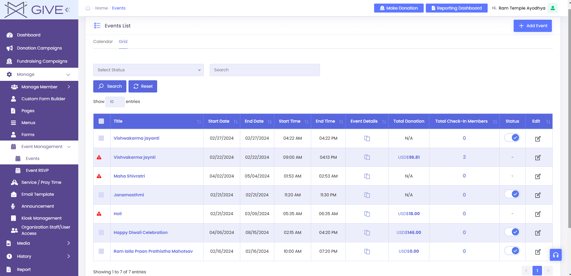 Events List